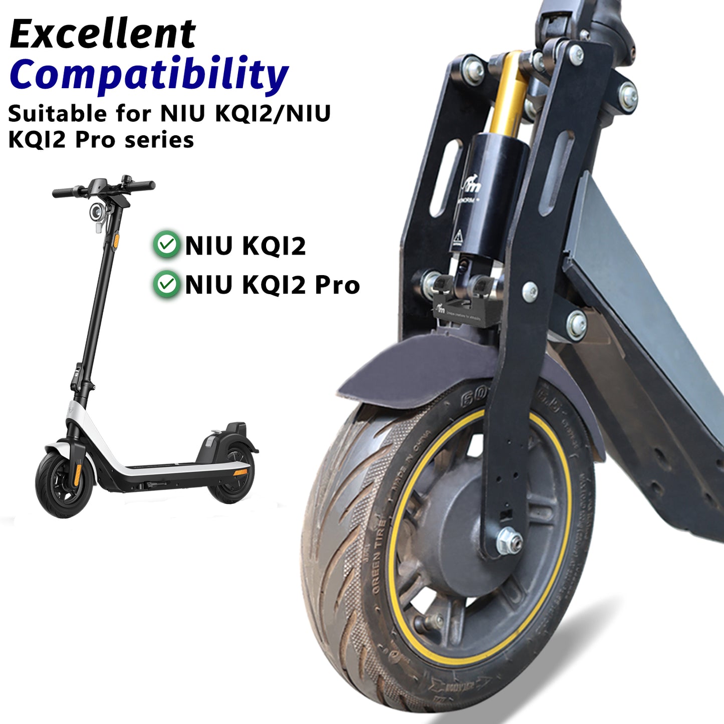 Die Monorim MN2-Vorderradaufhängung speziell für den KQi2 Pro E-Scooter macht das Fahren noch angenehmer.