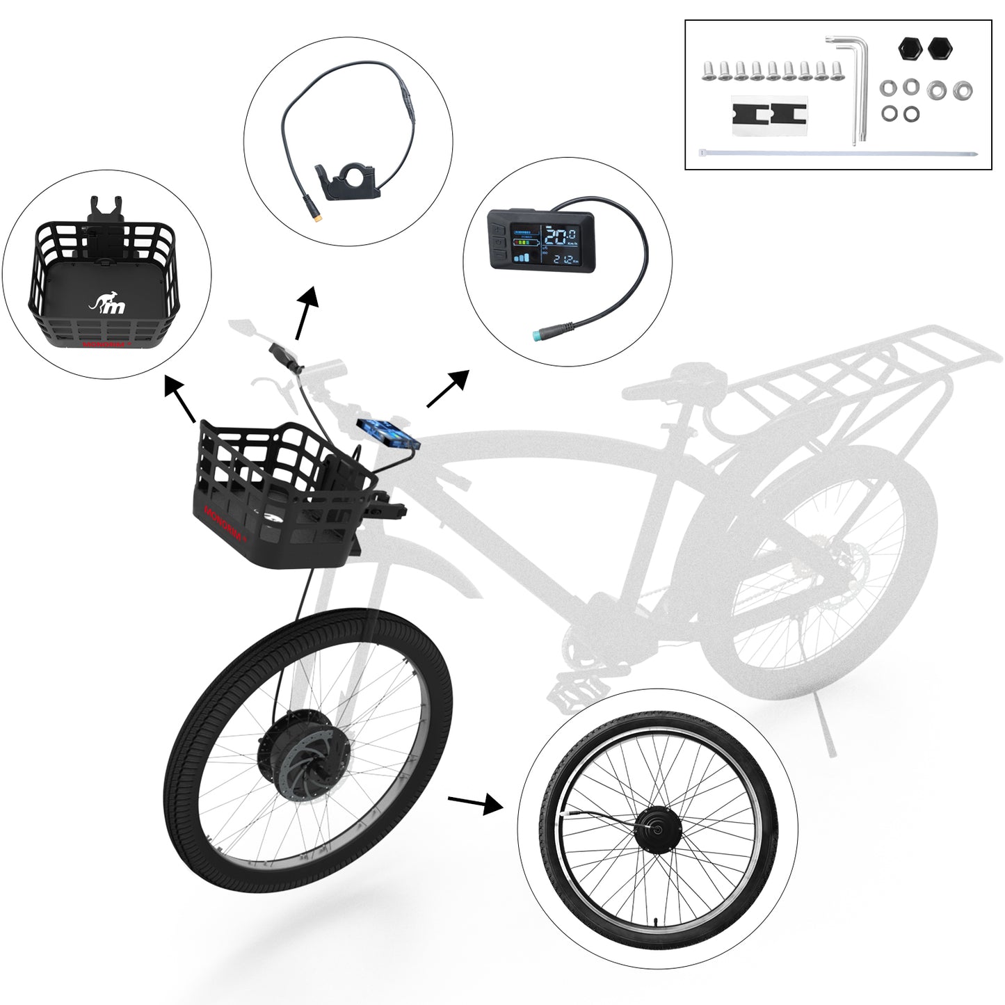Monorim BPK350 e-bike power kit  380w bike Upgrade to be e-bike with basket for Turn Pedal Bicycle Into E-bike.
