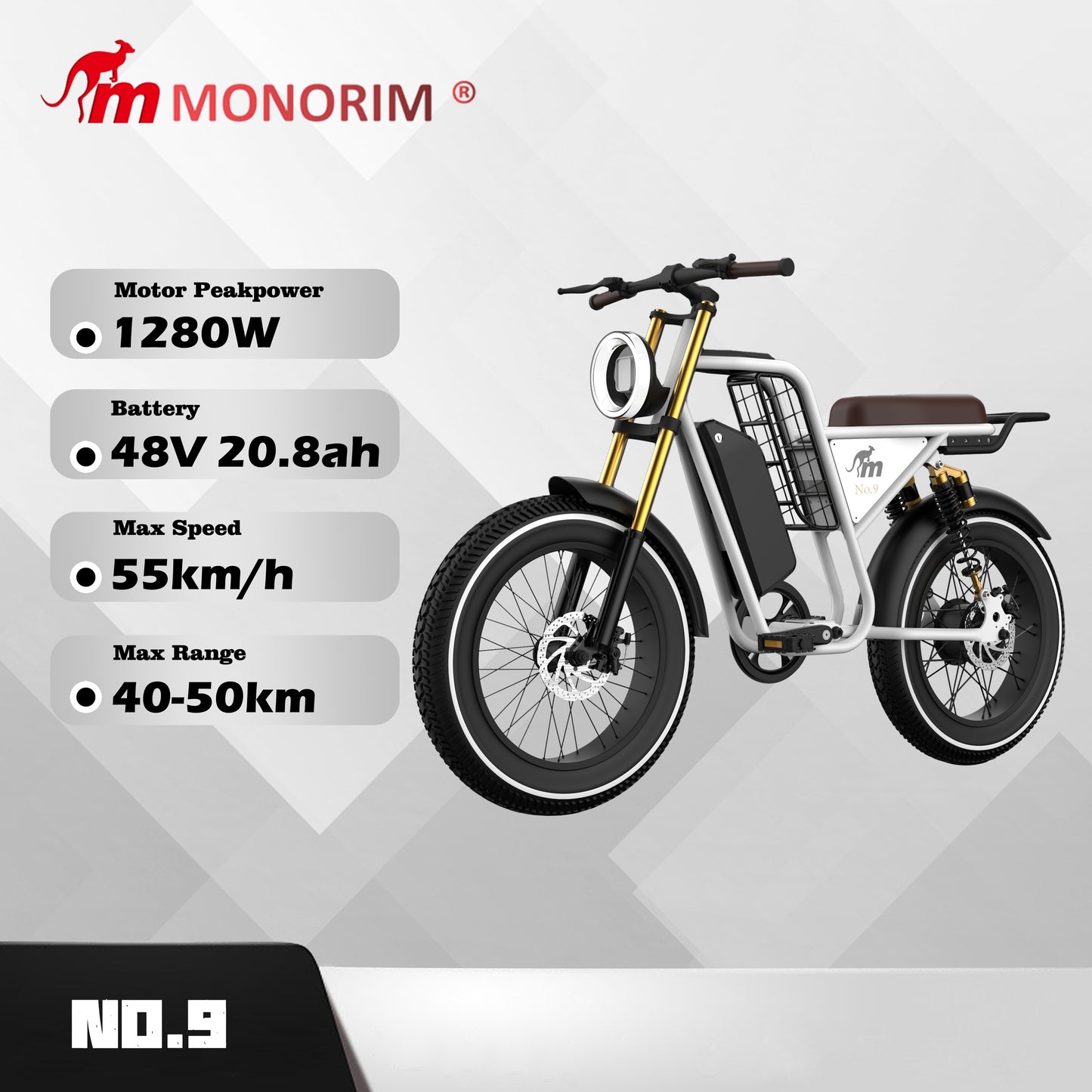 (Pre-sale)NO.9 Electric Bike for Adults, 55KM/h Max Speed, Mileage 45KM, 1280W peakMotor, 48V 20.8Ah Cells High performance power battery E-bike
