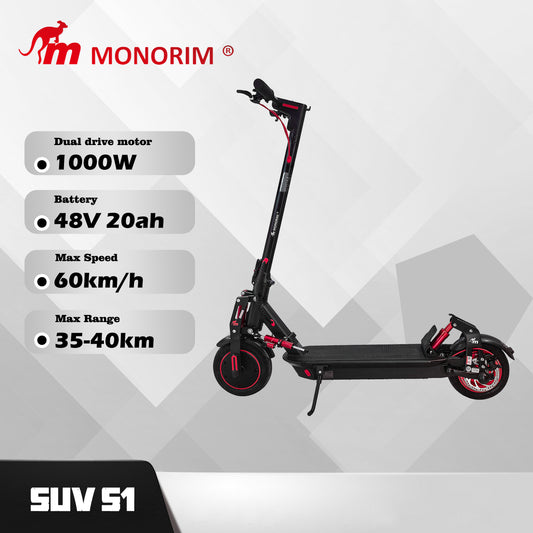 Monorim SUV S1  48v LS/NLpower  Cells Batteries 1000w Dual drive electric scooter (external handle bar 500mm )  best city of road killer option model