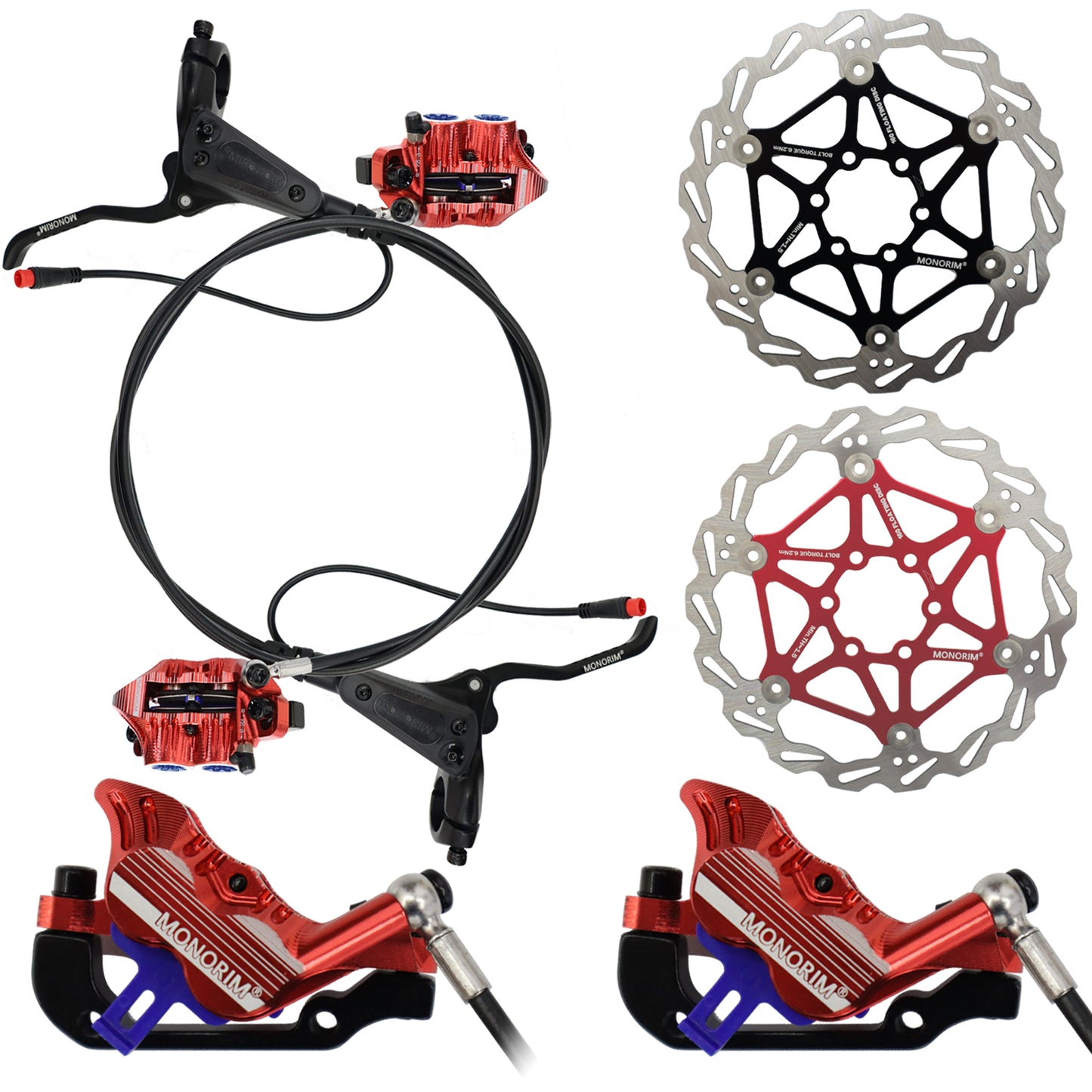 MONORIM EB01 4-Piston Mountain Bike Hydraulic Disc Brakes Hydraulic Bike Brakes Front 850mm and Rear 1750mm with PM Adapter for 160mm Rotor