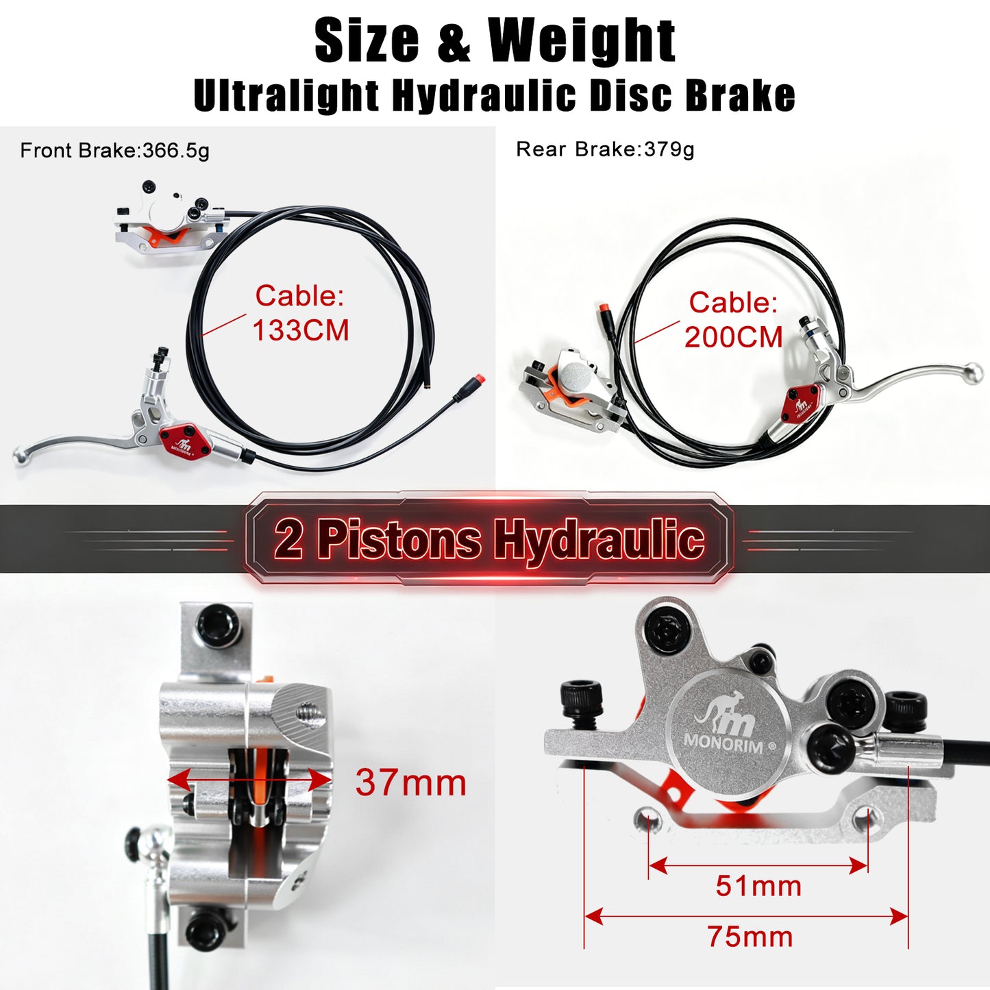MONORIM EB02-KG2 2-Piston  specially for Kukirin kugoo G2max Hydraulic e-scooter Brakes left 1350mm and right 2000mm ,compatible for all off-road models