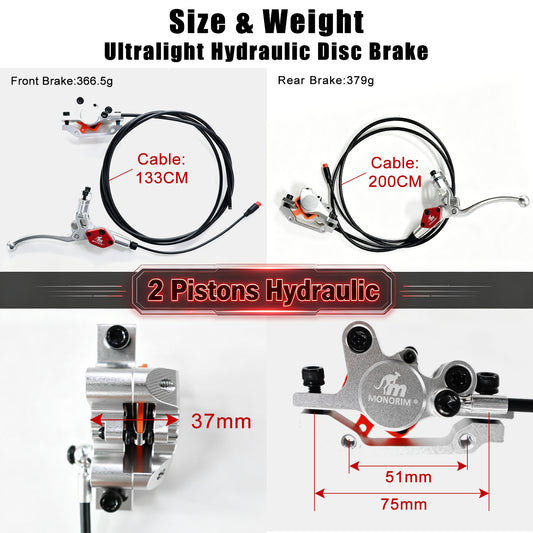 MONORIM EB02‑KG2 2‑Piston Hydraulic Brake for Kukirin Kugoo G2 Max E‑Scooter, 1350mm Left / 2000mm Right Hose, For Off‑Road Scooters