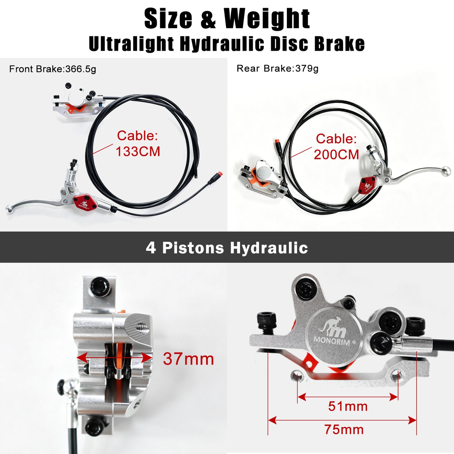 MONORIM EB02-KG2 2-Piston  specially for Kukirin kugoo G2max Hydraulic e-scooter Brakes left 1350mm and right 2000mm ,compatible for all off-road models