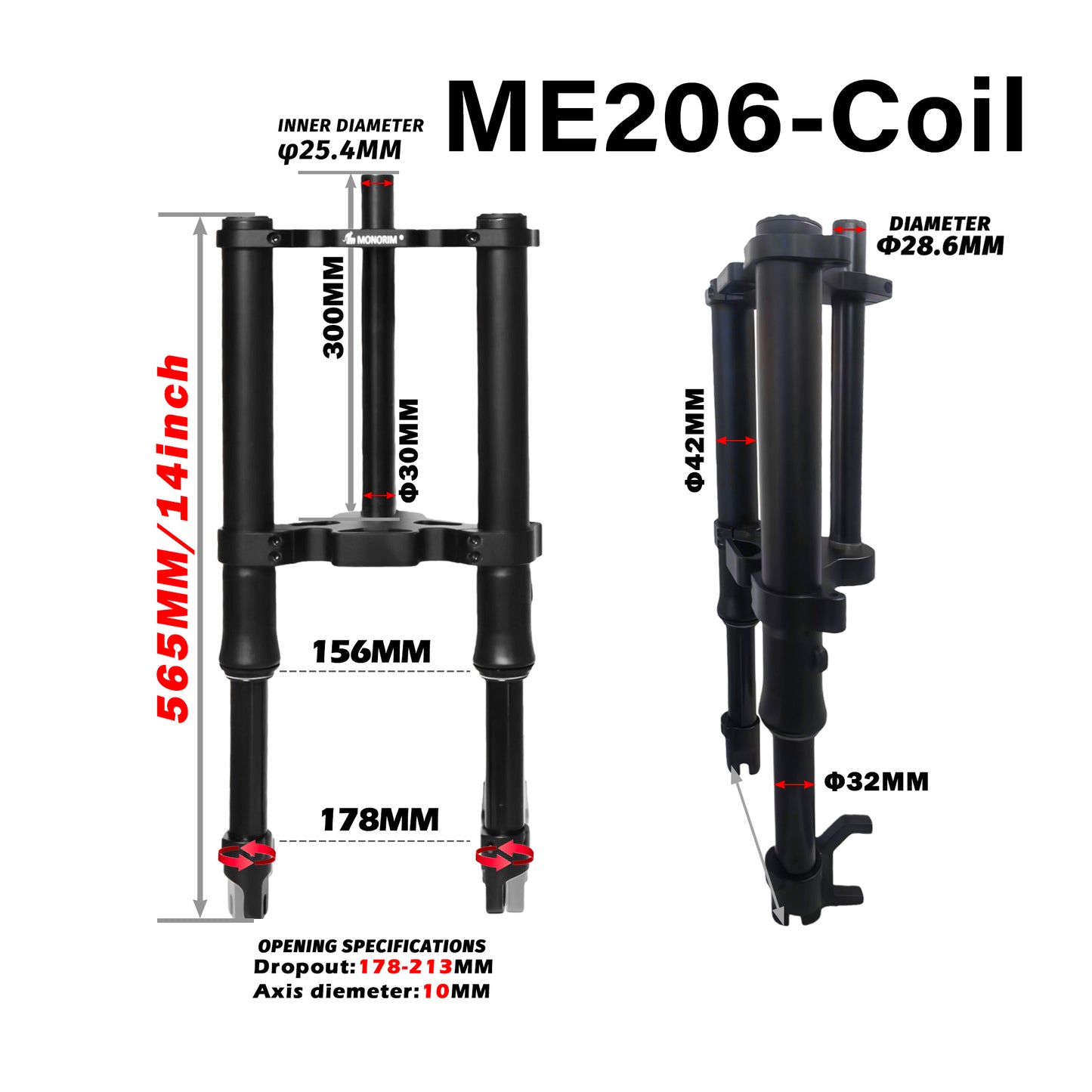 Monorim MD206/ME206 12/14inch coil/dual air front suspension for minibike  upgrade to be more safety and comfort.