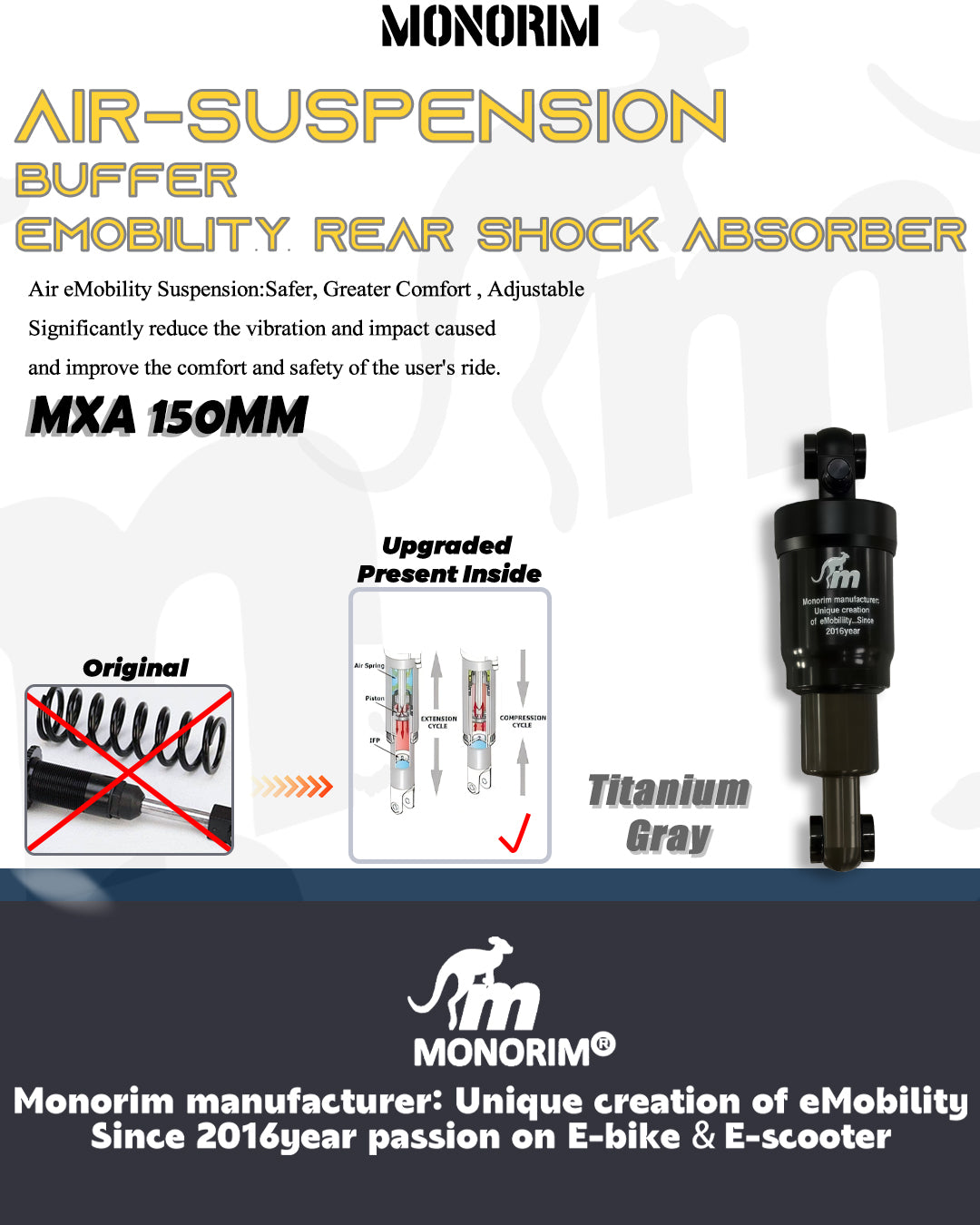 Monorim MXA 150MM Air Shock Absorber Adjustable Air Pressure Rubber Damping Rear Suspension for E‑Scooter E‑Bike MTB Youth Bike