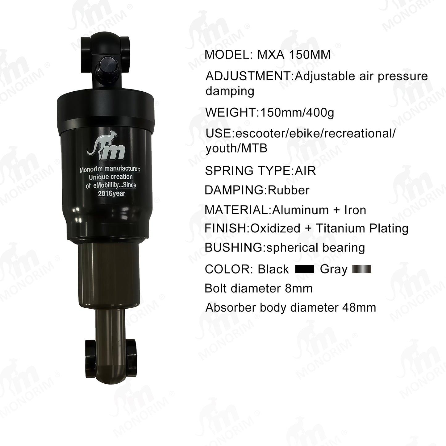 Monorim MXA 150MM Air Shock Absorber Adjustable Air Pressure Rubber Damping Rear Suspension for E‑Scooter E‑Bike MTB Youth Bike
