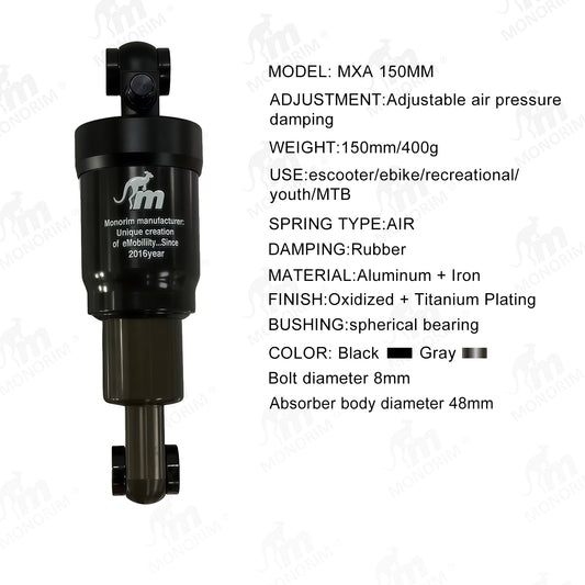 Monorim MXA 150MM Air Shock Absorber Adjustable Air Pressure Rubber Damping Rear Suspension for E‑Scooter E‑Bike MTB Youth Bike