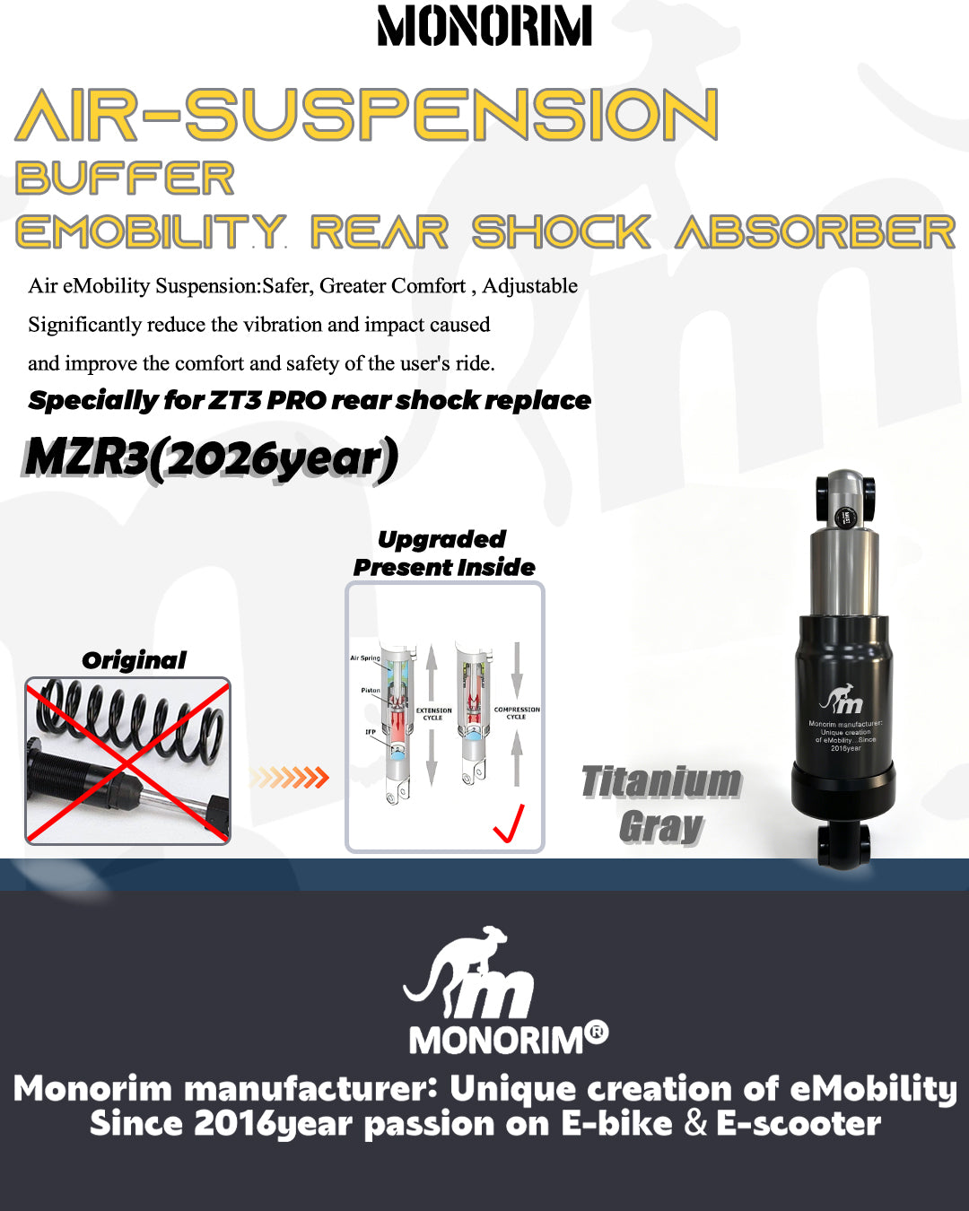 Monorim MZR3 Pro rear air suspension, specialize for ZT3 pro , Air adjust suspension.