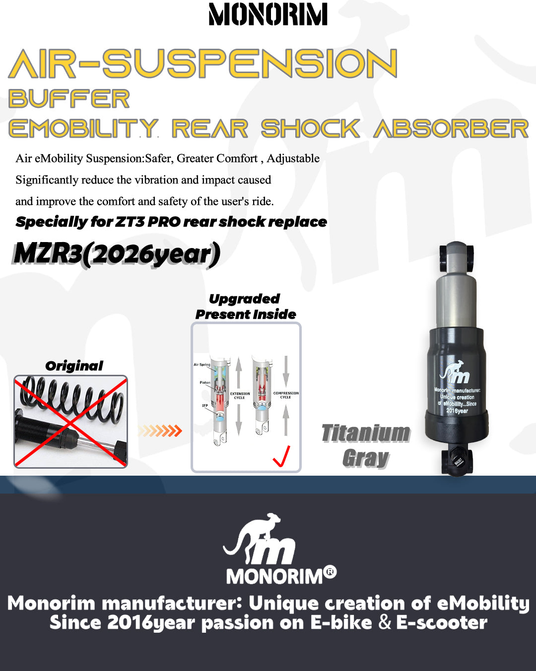 Monorim MZR3 Pro rear air suspension, specialize for ZT3 pro , Air adjust suspension.