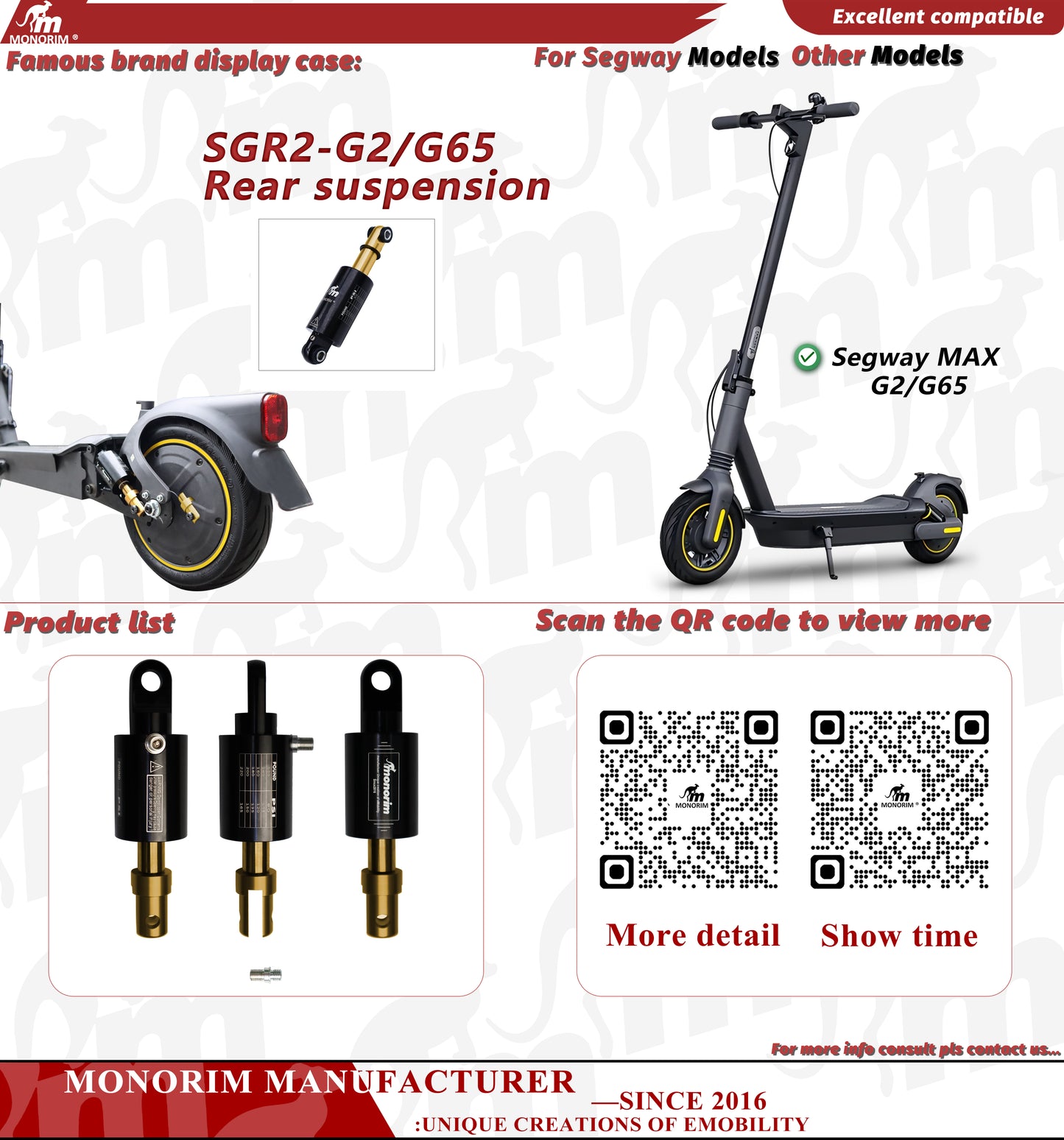 Monorim SGR2 Rear pneumatic precision shock absorbers For Segway MaxG2/G65/G3 series