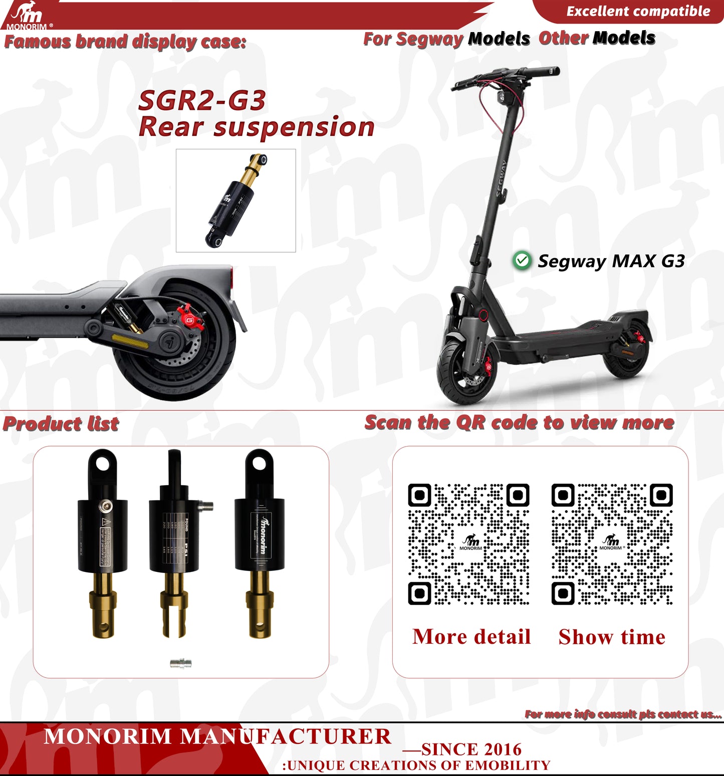 Monorim SGR2 Rear pneumatic precision shock absorbers For Segway MaxG2/G65/G3 series