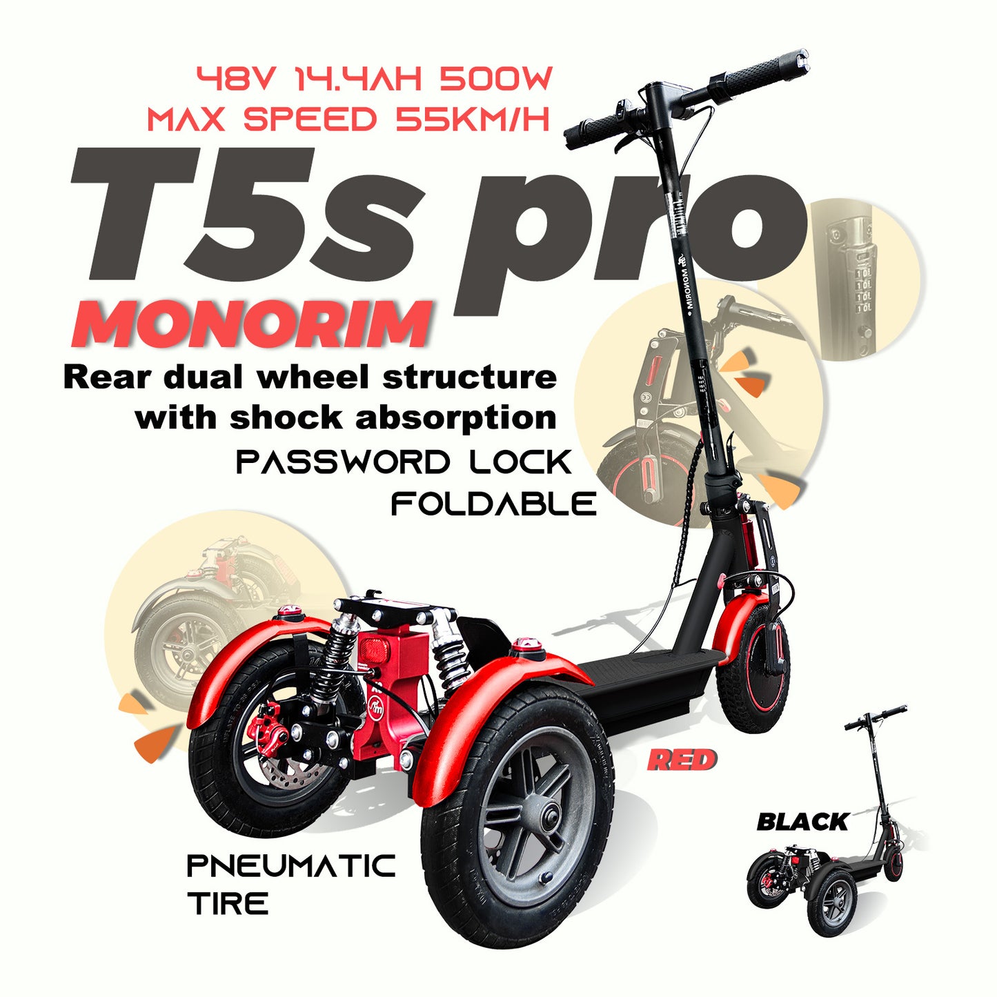 （preorder ）🥇Monorim T5s pro x3wheel support for carrying kit 48v 500w 14.4ah 55km/h 🔥