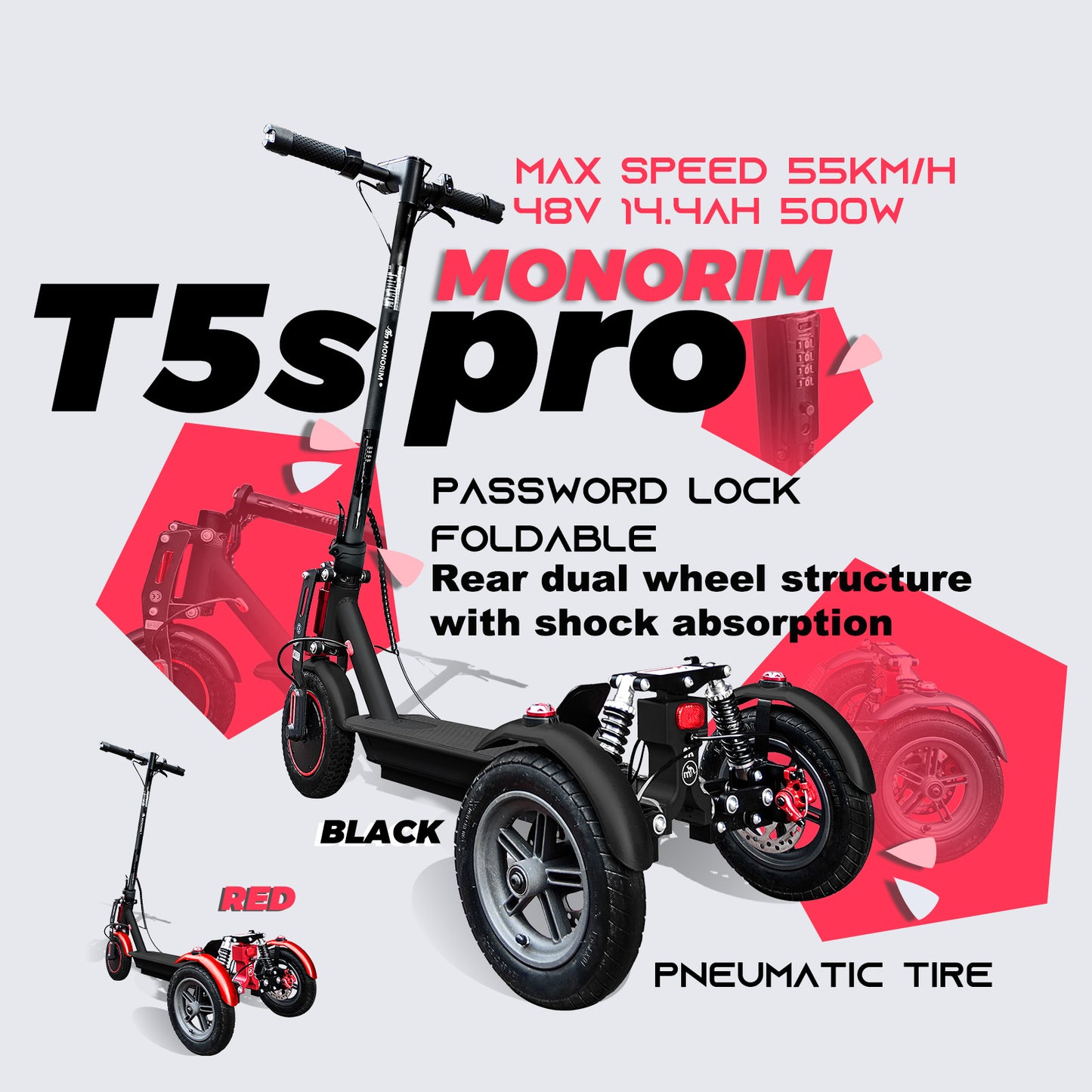 （preorder ）🥇Monorim T5s pro x3wheel support for carrying kit 48v 500w 14.4ah 55km/h 🔥