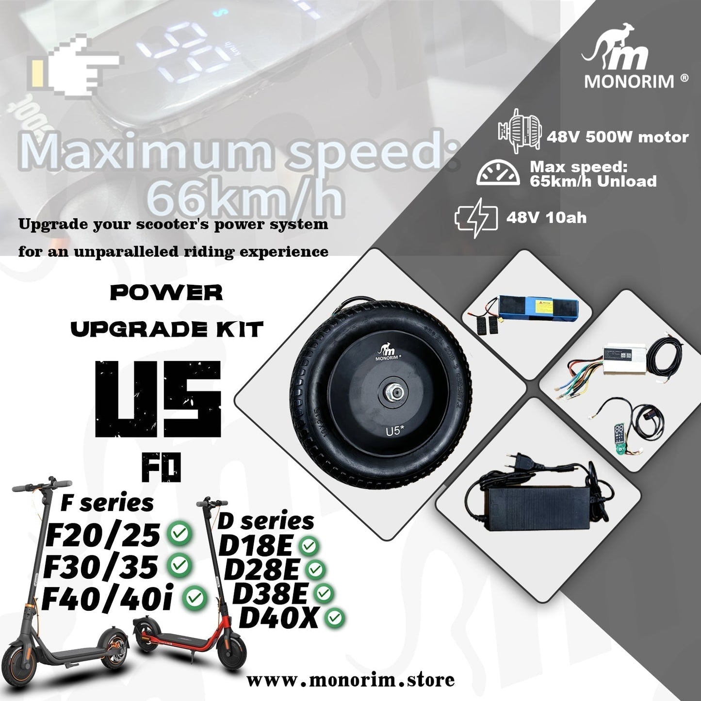 Monorim U5-F0 Upgrade Kit to be 500w 48v 10.4ah for segway F40 Speed 65km/h