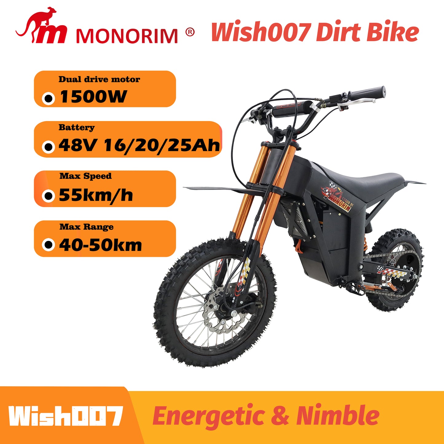 Kugoo by Monorim Electric moto Wish007, 55kph & 50KM, 1500W Motor 48V 21Ah Battery, Adjustable Hydraulic Suspension E-moto