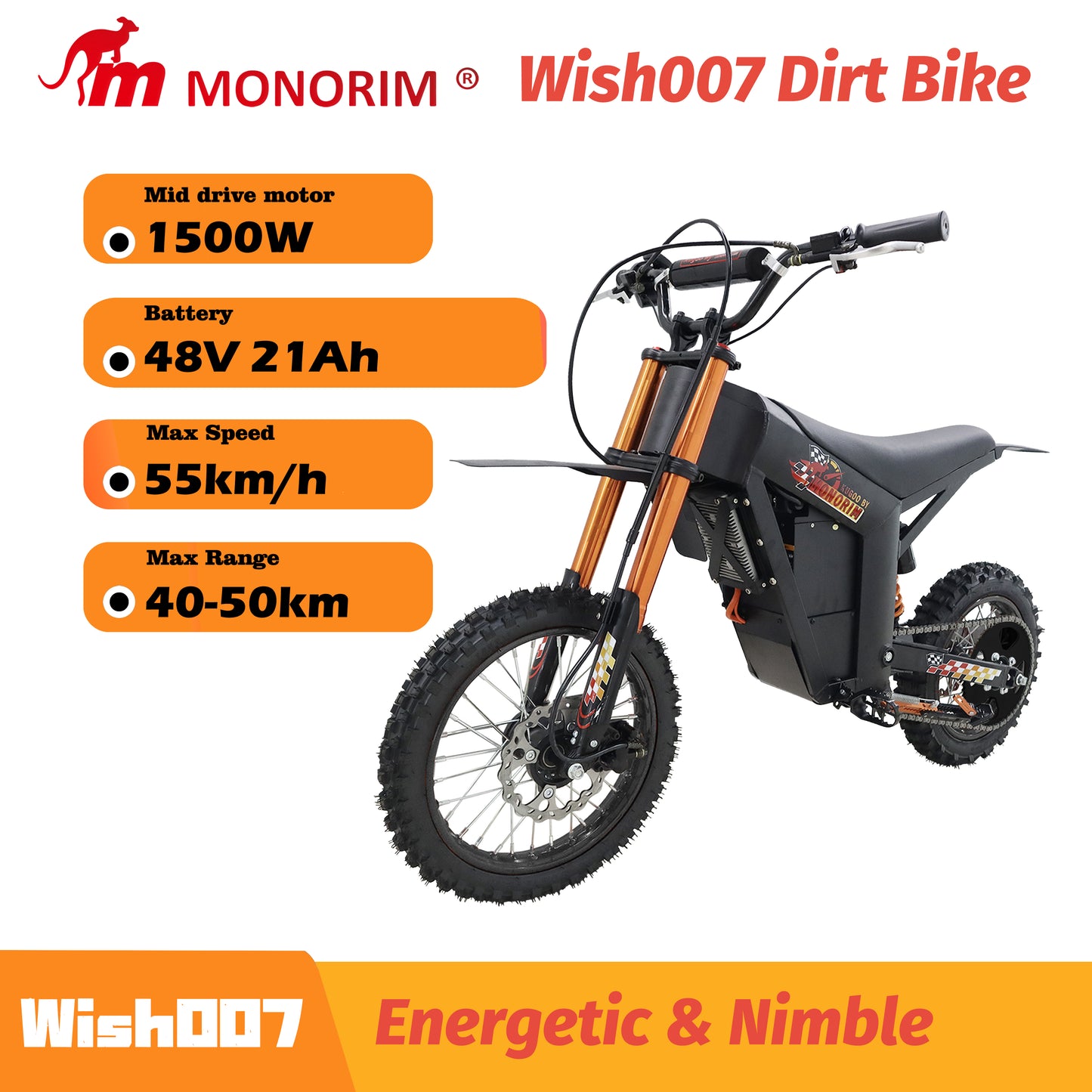 Kugoo by Monorim Electric moto Wish007, 55kph & 50KM, 1500W Motor 48V 21Ah Battery, Adjustable Hydraulic Suspension E-moto