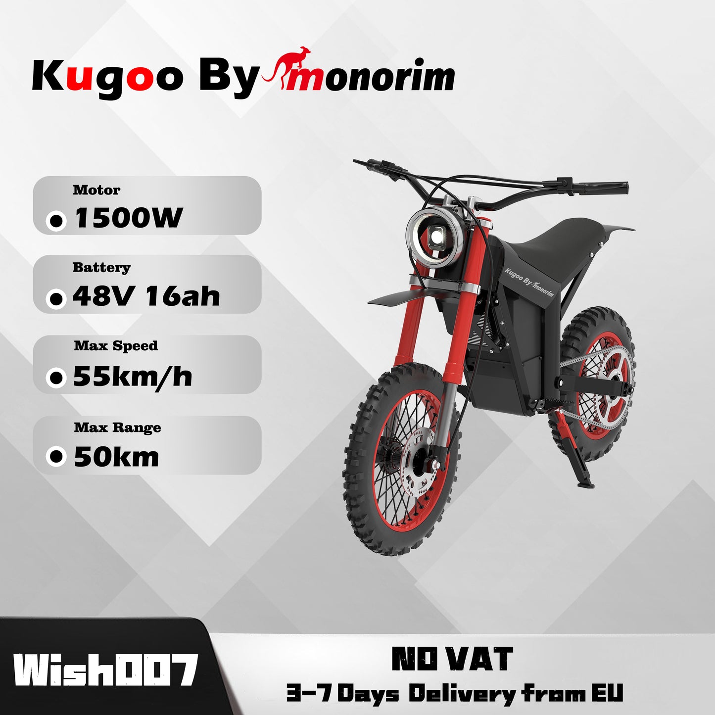Kugoo by Monorim Electric moto Wish007, 55kph & 50KM, 1500W Motor 48V 16Ah Battery, Adjustable Hydraulic Suspension E-moto