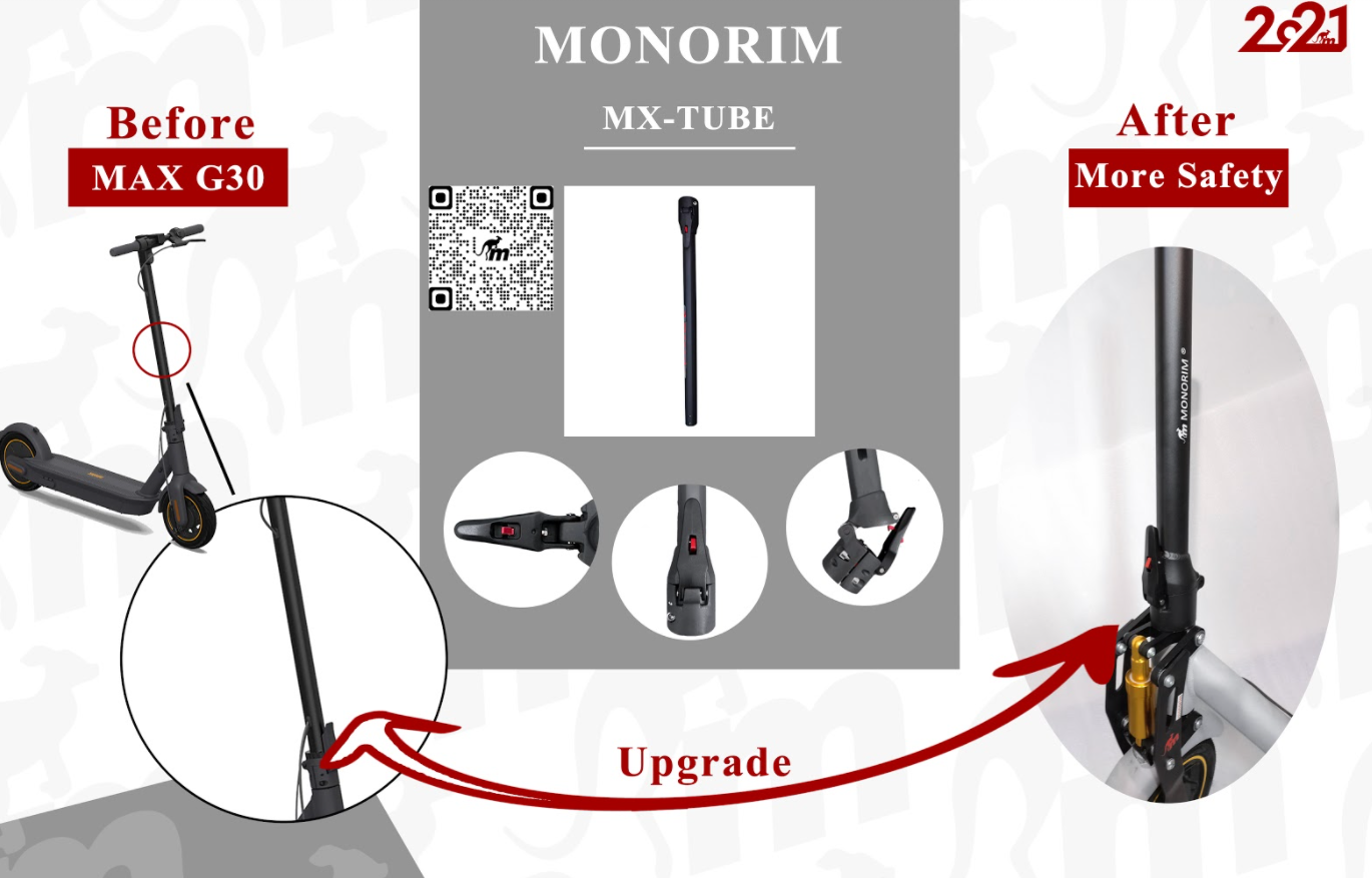 Monorim mxpole escooter stronger, front latching, bicycle style folding column for suv s1