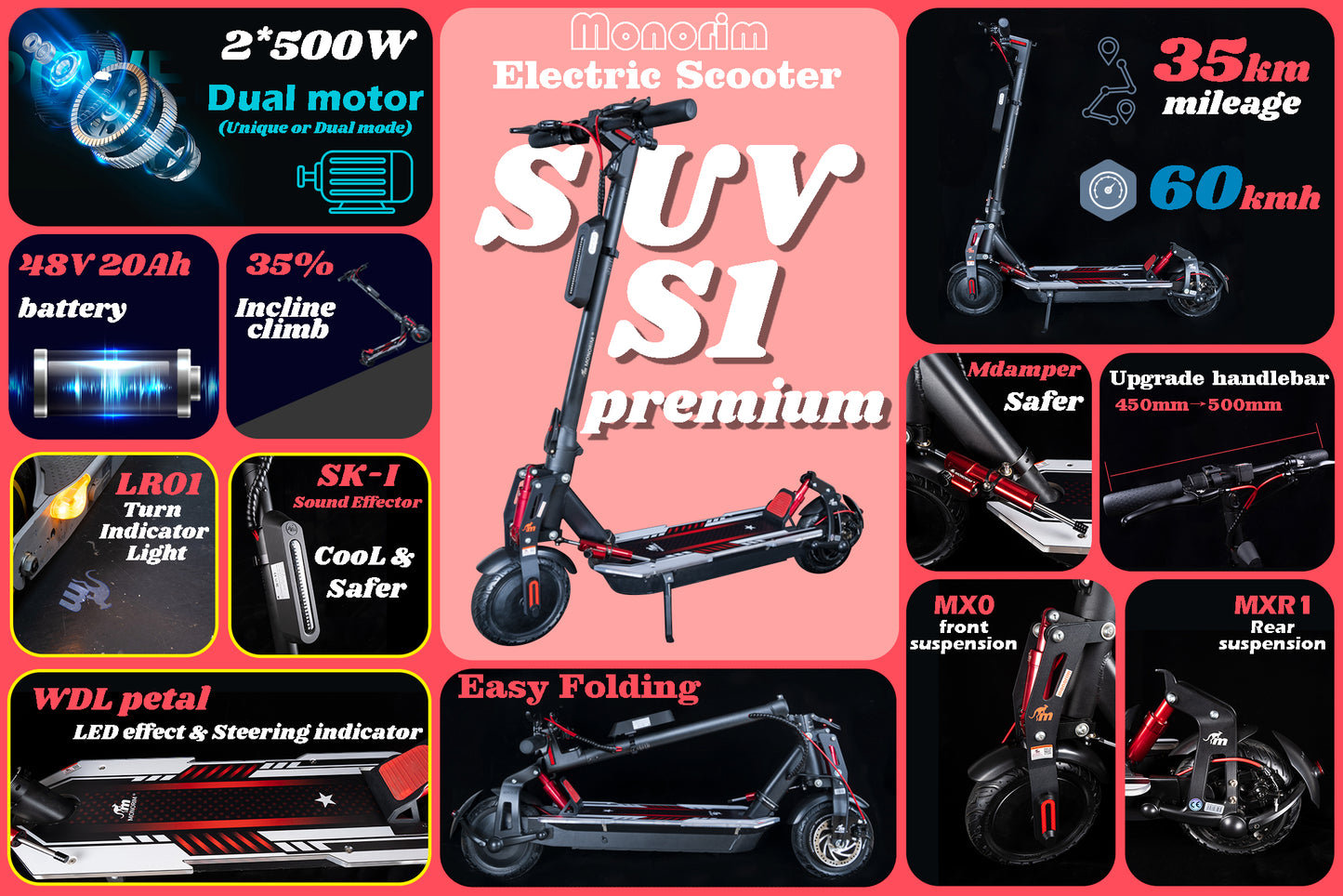 Monorim SUV S1  48v LS/NLpower  Cells Batteries 1000w Dual drive electric scooter (external handle bar 500mm ) 2022year best city of road killer option model(without shipcost)